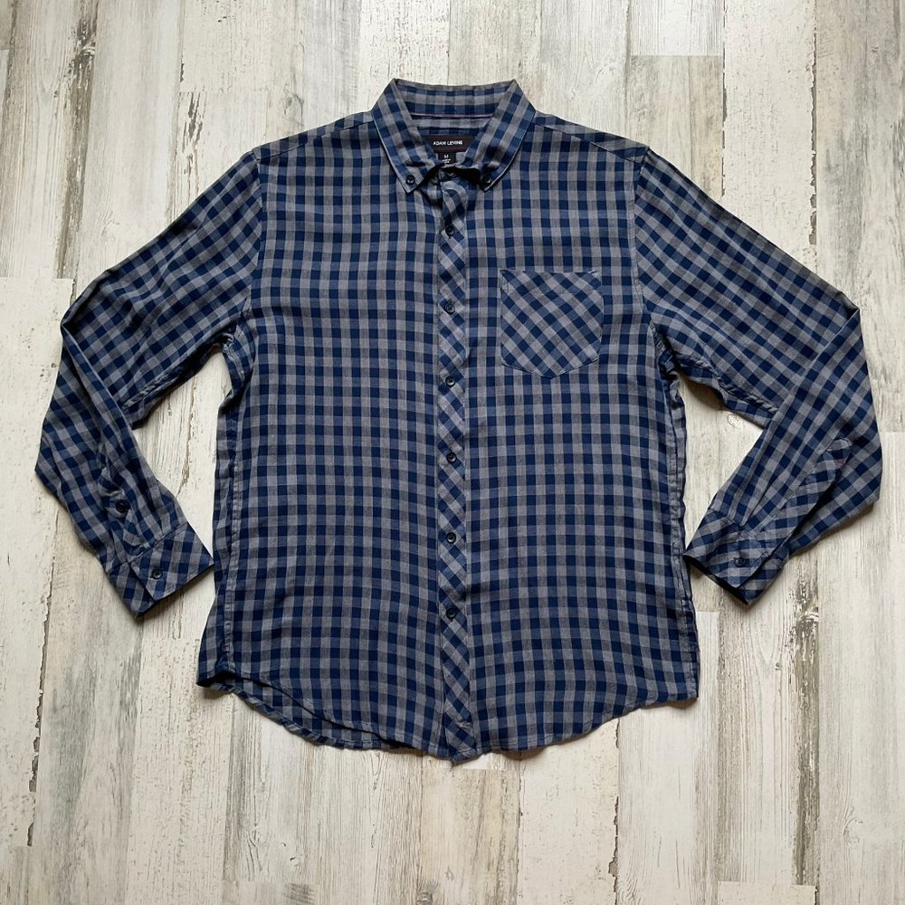 Adam Levine Mens Size Medium Button Down Shirt Plaid Grey & Blue